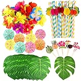 FEPITO 184 PCS tropische hawaiische Partydekorationen schließt tropische Palmblätter, Hibiscus-Blumen, Getränk-Regenschirm-Auswahl, bunte Frucht-Strohe und Kuchendeck