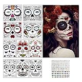 Herefun 10Stk Halloween Gesicht Temporäre Tattoos +1StkEdelsteinaufkleber, Tag der Toten Gesichtstattoo Schädel Totenkopf Schminken Aufkleber für Halloween Maskerade Fright Night Make-up Cosplay (A)
