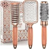 Haarbürsten Set 3 Tlg. - Rundbürste, Skelettbürste, Paddle Brush - Haarbürste ohne Ziepen - Ergonomischer Griff - Entwirrbürste - Detangler Bürste - Frauen Geschenk - Rosegold by Lily Eng