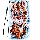 Hpory Kompatibel mit iPhone SE 5S Hülle, iPhone 5S SE Handyhülle Muster PU Leder Klapphülle mit Handschlaufe Standfunktion Geldbörse Wallet Case Flip Cover Schutzhülle Etui Tasche - Tiger Schö