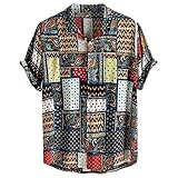 Herren Neu Sommer Oversize Vintage T-Shirt Freizeithemd Freizeit Hemd Kurzarm Slim Reise Hawaiihemd für Männer Ethnische Casual Baumwolle Leinen Druck Bluse (M, Blau)