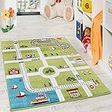 Paco Home Kinderteppich Spielteppich Hafen Straßenteppich Stadt Straße Grau Grün, Grösse:160x220