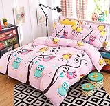 AShanlan Kinderbettwäsche Mädchen 135 x 200 Rosa 2 Teilig Eule 100% Mikrofaser Kinder Mädchen Bettbezug und Kopfkissenbezug 80x80 Pink Bunt Owl 135x200