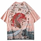 KAL'ANWEI Männer Streetwear T-Shirt Hip Hop Koi Fish Ahornblatt Druck T-Shirt Kurzarm Harajuku Baumwolle Casual Tops Tees Japan Stil-Rosa_XL