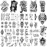 Temporäre Tattoos, 50 Blätter Schwarz 3D Wasserfest Temporäre Tattoos, Schädel Adler Drache Löwe Tiere Realistisch Klein Rose Blume Tattoo Aufkleber Kinder Jungen Mädchen Tatoos Herren D