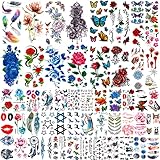 COKTAK 56 Blätter Bunt Rose Blume Temporäre Tattoos Frauen, Feder 3D Fake Tattoos Temporär Mädchen, Damen Temporary Tattoos Blumen Hals Gesicht Tatoo Sticker Kit, Tattoos Zum Aufkleben Auf Die H