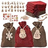 Hoiny Christmas Advent Calendar, 24pcs Advent Calendar Bags for Filling, Xmas Countdown Calendar Fabric Bag, DIY Advent Calendar Set, with 24pcs Wooden Tags,24 Clips and 10M Jute C