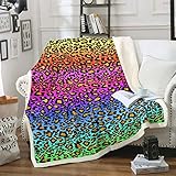Plüschdecke für Damen, Leopardenmuster, schicker Regenbogen-Geparden-Druck, Fleece-Überwurf, Decke für Sofa, Couch, Tochter, luxuriös, bunt, Dekoration, Queen-Size-Größe, 228.6 x 228.6