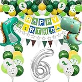 Dinosaurier Geburtstag Deko Set für Jungen 6 - Dinosaurier Luftballons Geburtstag mit Happy Birthday Banner, Folien Zahlenballon 6 für Kinder Babyparty, Jungen Geburtstagsfeier Festival Dek