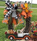 Farmhouse Pumpkin Truck Wreath - Vintage Kürbis LKW Kranz,Herbst Kürbis Türkranz,Kürbis-Ahornblatt Vordertür-Kranz,Herbst Kranz,Halloween Kürbis Kranz Dekorationen Indoor Outdoor Decor (A)