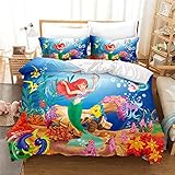 Goplnma-Disney Bettwäsche Ariel,Bettbezug Arielle Die Kleine Meerjungfrau,The Little Mermaid,mit Disny Kissenbezug Ariel,Mehrfarbig (140×210cm,3)