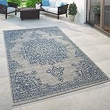 Paco Home Outdoor Teppich Blau Beige Orient Design Blumen Muster Balkon Wohnzimmer, Grösse:120x170