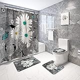 Duschvorhang Badezimmer Moderne Duschvorhang 4 Stücke Weiß Kleine Gänseblümchen Schmetterling Duschvorhang mit Haken und Nicht-Teppiche WC-Abdeckung,Badematte Badezimmer Dekor-180x180cm ( Color : B )