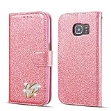 QLTYPRI Samsung Galaxy S6 Hülle, Glitzer Handyhülle PU Ledertasche TPU Etui Handschlaufe Kartenfach mit Eingelegten Liebe Herz Diamond Flip Schutzhülle für Samsung Galaxy S6 - R