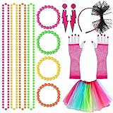 14Pcs 80er Party Kleid Zubehör Mottoparty kostüm 80 Jahre Kostüm Zubehör Set mit Damen Regenbogen Tutu Rock Damen Neon Halsketten Mehrfarbig Perlenkette für 1980 Party kostüm Damen S