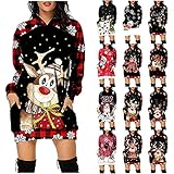 Damen Weihnachten Hoodie Kleid Lang Weihnachtskleid Grafik Druck Minikleid Hoodies Frauen Hirsch Muster Langarm Weihnachts Pullover Kleid Teenager Mädchen Christmas Motiv Sweatshirt Partyk