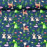 MAGAM-Stoffe Dschungel Freunde Kinder Jersey Stoff Oeko-Tex Meterware 50cm (Bunt auf Dunkelblau)