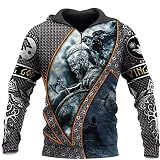 BBYaki Viking 3D Druck Odin Rune Herren Hoodie, Krieger Rüstung Retro Sweatshirt Nordische Mythologie Mode Lose Pullover Übergroße Freizeitjacke, Geschenk,Hoodie Zip,S