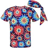 COSAVOROCK Herren 60er 70er Jahre Funky Psychedelic Hippie Kostüm T-Shirts mit Stirnbänder (XL, Mehrfarbig)