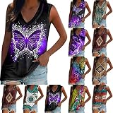 Weste Damen Bunte Schmetterlings-Druck-Tanktops Retro Totem-Sportweste im Ethno-Stil Ärmellose Sommer-T-Shirts mit V-Ausschnitt Laufshirt Basic-Shirt Locker geschnittene Tunika-Bluse Träg