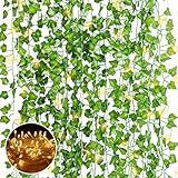 N&T NIETING Efeu Künstlich, 12 Stück Gefälschte Efeugirlande mit 80 LEDs Licht, Hängende Efeuranken Pflanze für Hochzeit, Party, Garten, Wanddek