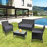 HENGMEI Gartengarnitur Set Rattan für 4 Personen Polyrattan Gartenmöbel Set Gartenlounge Set Terrassenmöbel mit Sitzkissen, Tisch für Balkon oder T