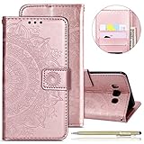 Handytasche Kompatibel mit Samsung Galaxy J7 2016 Lederhülle Mandala Blumen Prägung Muster Handyhülle Ledertasche Bookstyle Klapphülle Flip Case Cover Schutzhülle Mit Magnetverschluss,Rose G