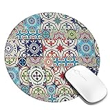 Mauspad mit genähter Kante，Patchwork-Muster aus bunten marokkanischen Fliesen Traditionelle Illustration,Haltbare genähte Kanten,Rutschfeste Gummiunterlage,Erhöhte Dicke,W