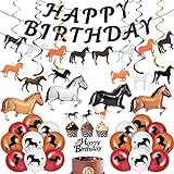 44 Stücke Pferd Geburtstag Party Deko Set, Enthalten Pferd Happy Birthday Banner Pferd Spirale Hängen Dekor Cupcake Topper und Derby Pferde Ballon für Pferderennen Geburtstag Cowboy Dek