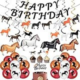 44 Stücke Pferd Geburtstag Party Deko Set, Enthalten Pferd Happy Birthday Banner Pferd Spirale Hängen Dekor Cupcake Topper und Derby Pferde Ballon für Pferderennen Geburtstag Cowboy Dek