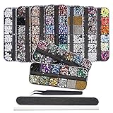 EBANKU 9 Boxen Nail Art Strass Kit Nagelstrass mit 1 Pinzette, mehrfarbige Nagelknöpfe Pferdeauge Strasssteine mit Pinzette, Picking Pen und Nagelfeile für Nail Art Dek