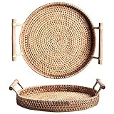 Rattan Rundes Serviertablett, Gewebtes Korbtablett mit Holzgriffen (28 cm)