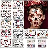 Herefun Halloween Gesicht Temporäre Tattoos, 12Stk Totenkopf Schminken Aufkleber +2Stk Edelsteinaufkleber, Tag der Toten Tattoo, Temporäre Gesichtstätowierung Kit für Halloween Masquerade Party