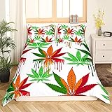 Marihuana Gras Bettbezug Cannabis Blätter Bettwäscheset Für Erwachsene Frauen Boho Exotisch Marihuana Gras Blätter Hippie-Bettdecke Bohemian Grün Trippy Blätter Botanische Tagesdecke, 135x200