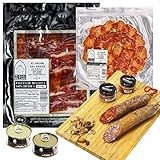 EL ARCON | Packung Pata Negra Schinken 75g und Lomo de Bellota Wurst 75 g, schwarzes Siegel | Jeweils halbe Stange 450g iberischer Chorizo und 450g Salami der Qualität „Extra“ | Aus der Gebiet Jabug