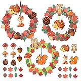 WEDNOK 8tlg Herbst Kranz Bastelset, Herbstzeit Dekokranz Herbstlaub Tischkranz Herbstblätter Türkranz mit Wandkranz Ahornblatt Eichenblatt Eichhörnchen Igel Fuchs Eule Eicheln DIY Herbstdek