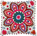 GURU SHOP Boho Kissenhülle, Farbenfrohes Besticktes Folklore Kissen im Mexikanischem Style - Weiß/pink, Baumwolle, 40x40 cm, Zierkissen, Dekokissen, Sofak