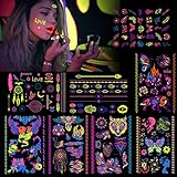 Konsait 8 groß Blätter Klebetattoos temporäre Neon Tattoos schwarzlicht schminke UV Body & Face Painting Tätowierung Aufklebe für Frauen männer, Accessoire für Schwarzlicht Party & F