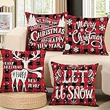 QIFU Rote schwarze Weihnachts-Kissenbezüge – 4 Stück rot schwarz Büffel Plaid Überwurf Kissenbezug 45,7 x 45,7 cm Leinen Sofa Kissenbezüge für Home Decor Kissenbezug Merry Christmas Xmas Dek