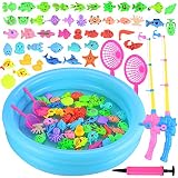 GOLDGE Magnetisches Angel-Spielzeug, 52 Stück, Angelruten, Spielzeug mit aufblasbarem Pool, 2 Stangenruten, 2 Netze, 46 schwimmende Fische aus Kunststoff und Mini-Aufblasg