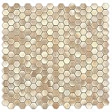 BeNice Backsplash-Küchenfliesen zum Abziehen und Aufkleben, Mosaikfliesen, Penny, Sechseck-Spritzschutz, kleine Fliesen, Metall-Spritzschutz (10 Stück, goldfarbener Champagner)