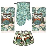 Lobyn Value Packs Küchentuch, 5-teiliges Bettwäsche-Set, 2 Handtücher, 2 Topflappen, 1 Ofenhandschuh (Eule Big White)