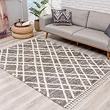 Teppich Hochflor Wohnzimmer - Ethno Raute Design 160x230 cm Grau Creme - Teppiche mit F