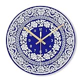 DKee Blau Und Weiß Porzellan 12 Zoll Ausgeglichenes Glas Wanduhr Mute Transparent UV Stereo Drucken Wanduhr (Color : D)