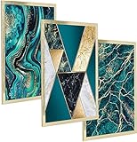 Postergaleria 3er Set Design Poster | 30x40cm | mit Gold Bilderrahmen |Grün, Schwarz, Weiß und Gold Schimmernder Marmor | Bilder für Küche, Büro, Wohnzimmer oder Schlafzimmer | Verg